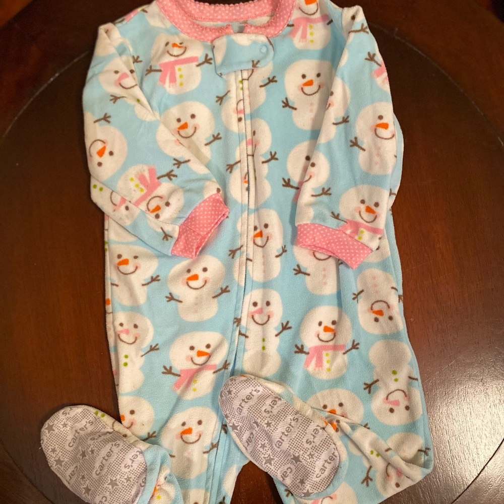 Carters Pajamas zip up blue fleece snowman footie onesie 12M